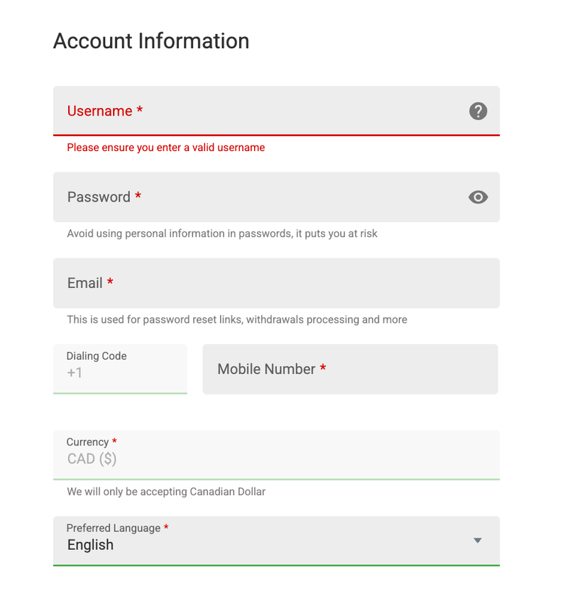Standard registration form at Ontario casinos